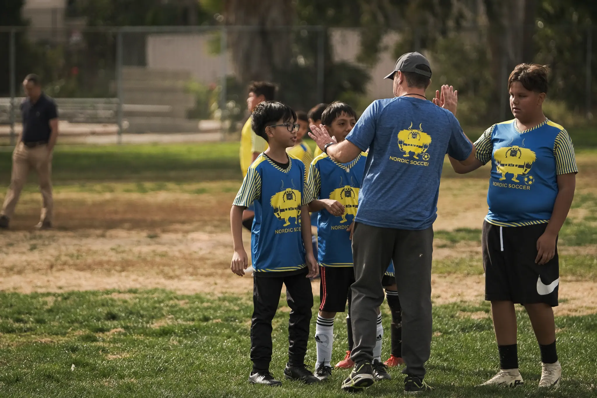Nordic Soccer small-sided game action with players developing decision-making skills at Chandler Elementary in Sherman Oaks
